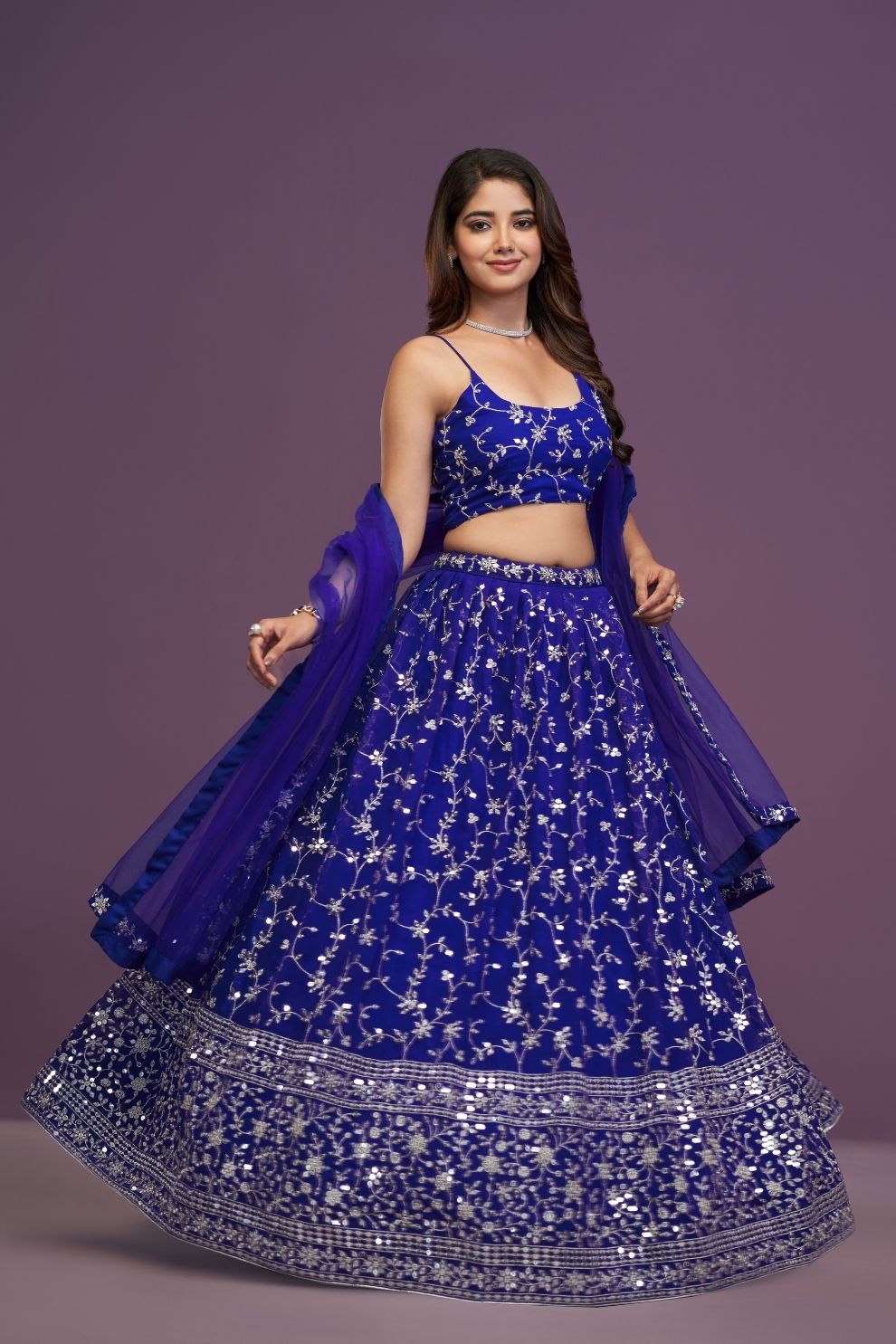 Designer Royal Blue Mirror Work Lehenga Set with Strappy Choli & Net Dupatta