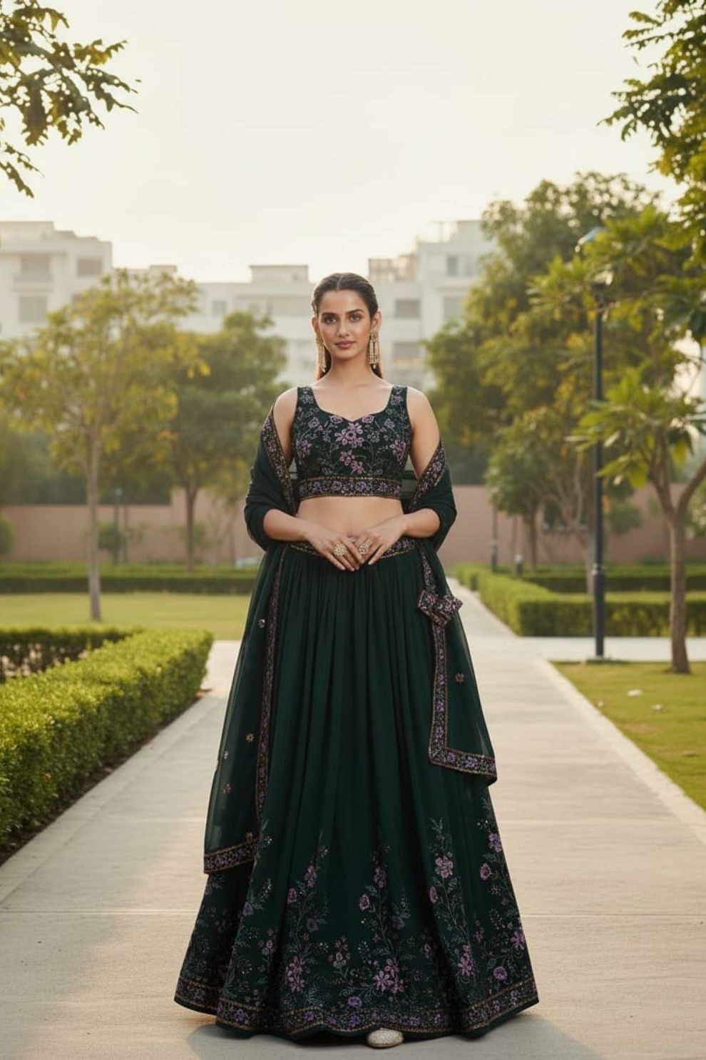Dark Green Georgette Embroidered Lehenga Choli with Multi-Color Floral Sequin Work