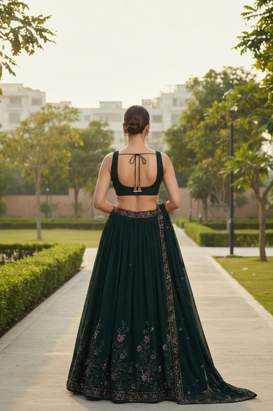 Dark Green Georgette Embroidered Lehenga Choli with Multi-Color Floral Sequin Work