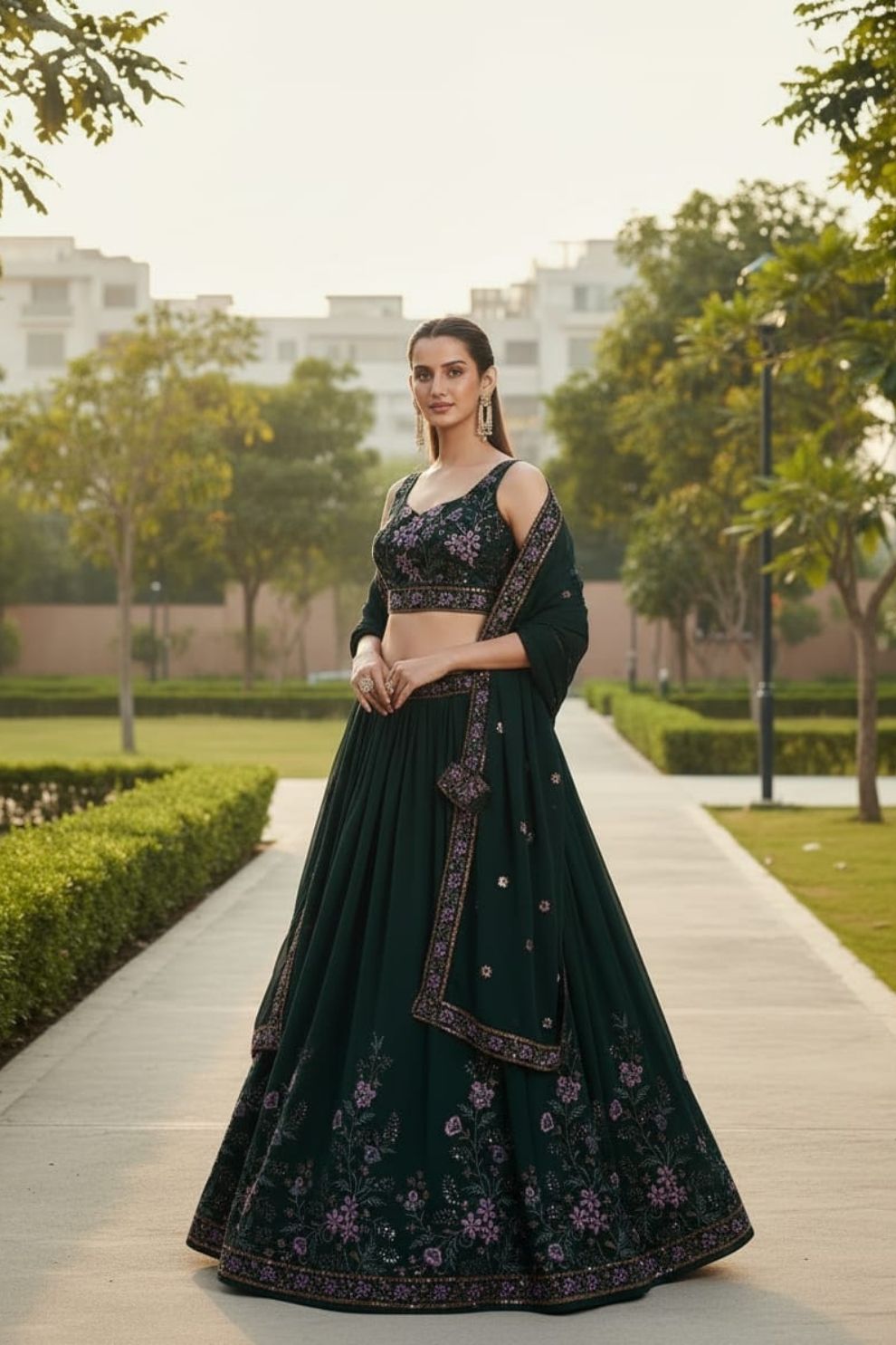 Dark Green Georgette Embroidered Lehenga Choli with Multi-Color Floral Sequin Work
