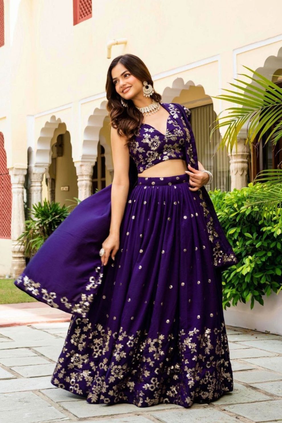 Semi-Stitched Purple Georgette Wedding Lehenga with Gold Zari Border