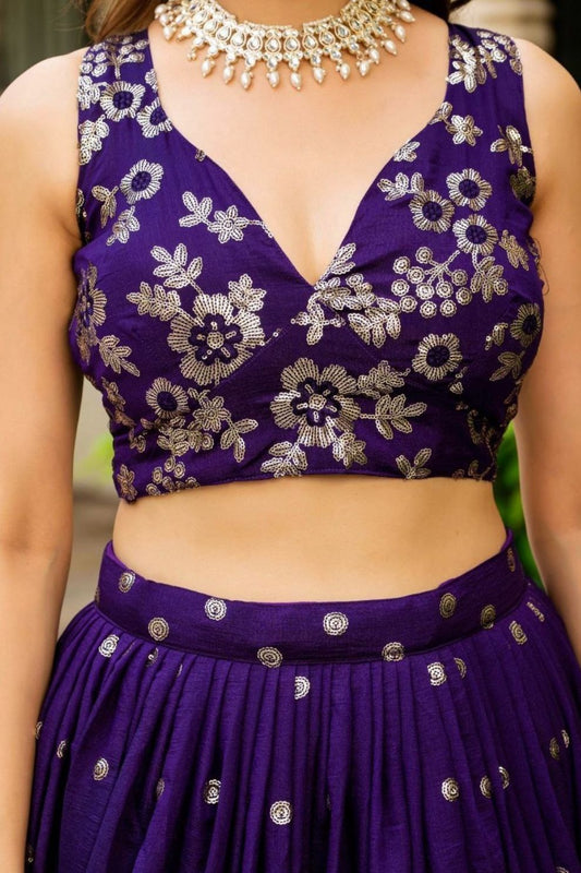 Semi-Stitched Purple Georgette Wedding Lehenga with Gold Zari Border