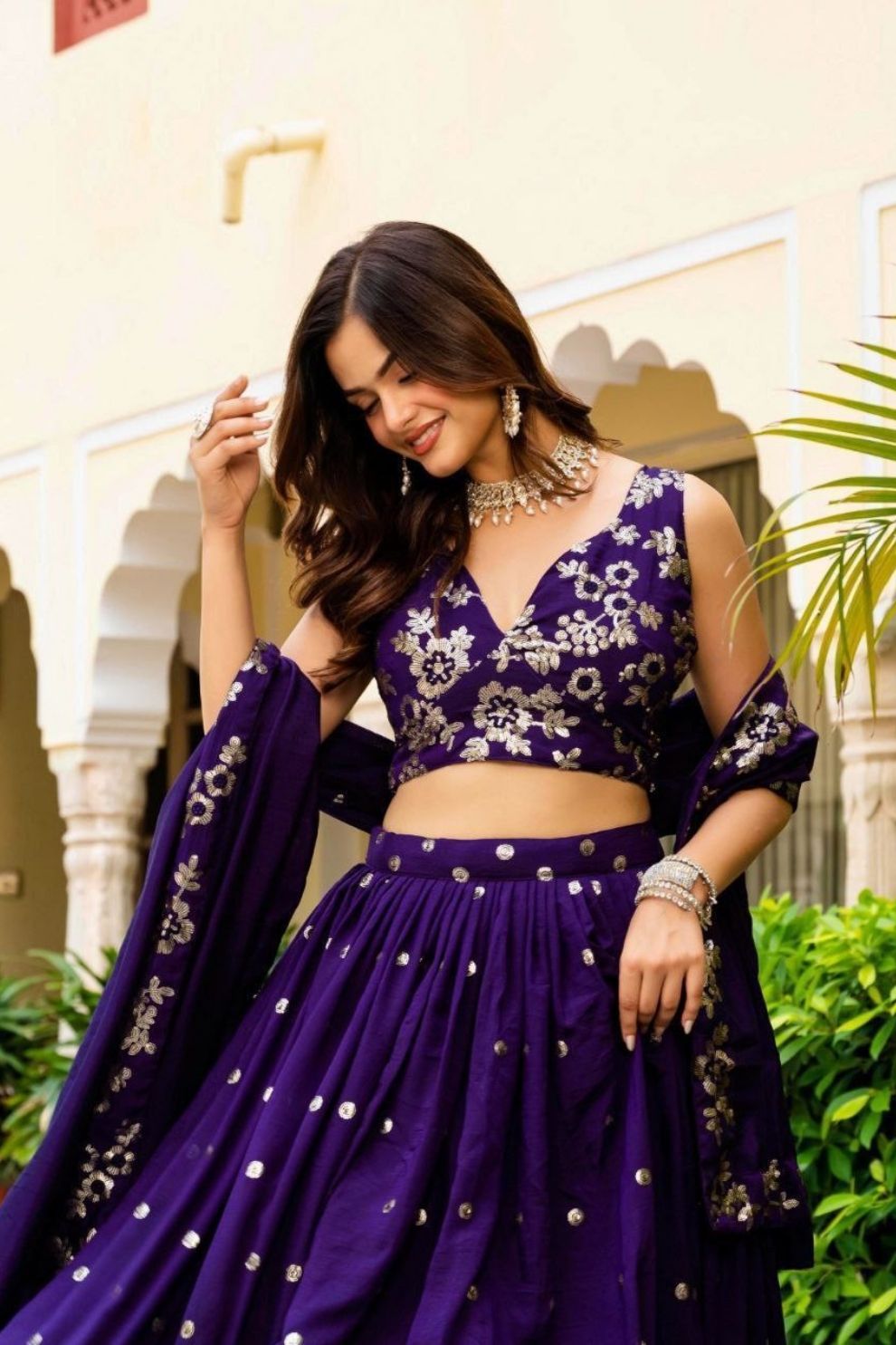 Semi-Stitched Purple Georgette Wedding Lehenga with Gold Zari Border