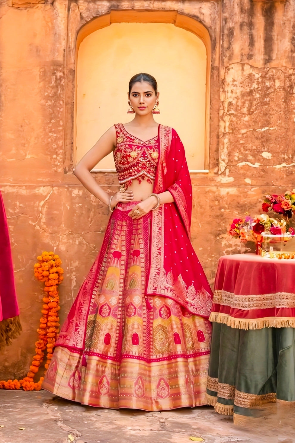 Designer Red Silk Embroidered Wedding Lehenga Choli with Gold Diamond and Cutdana Work