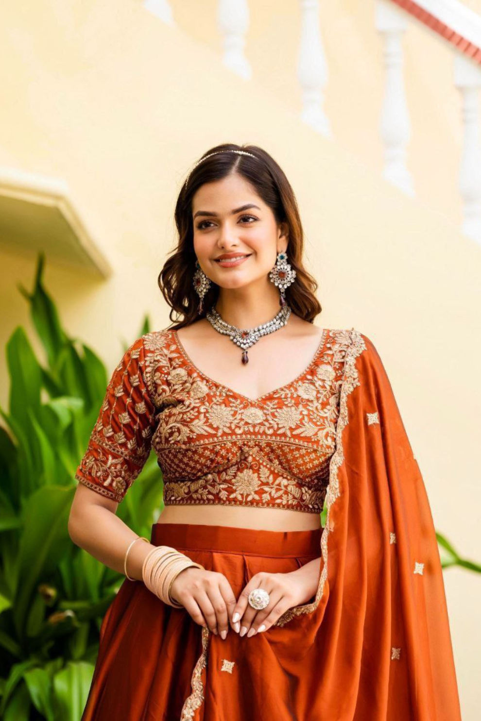Semi-Stitched Rust Orange Embroidered Lehenga with Heavy Sequin embroidery