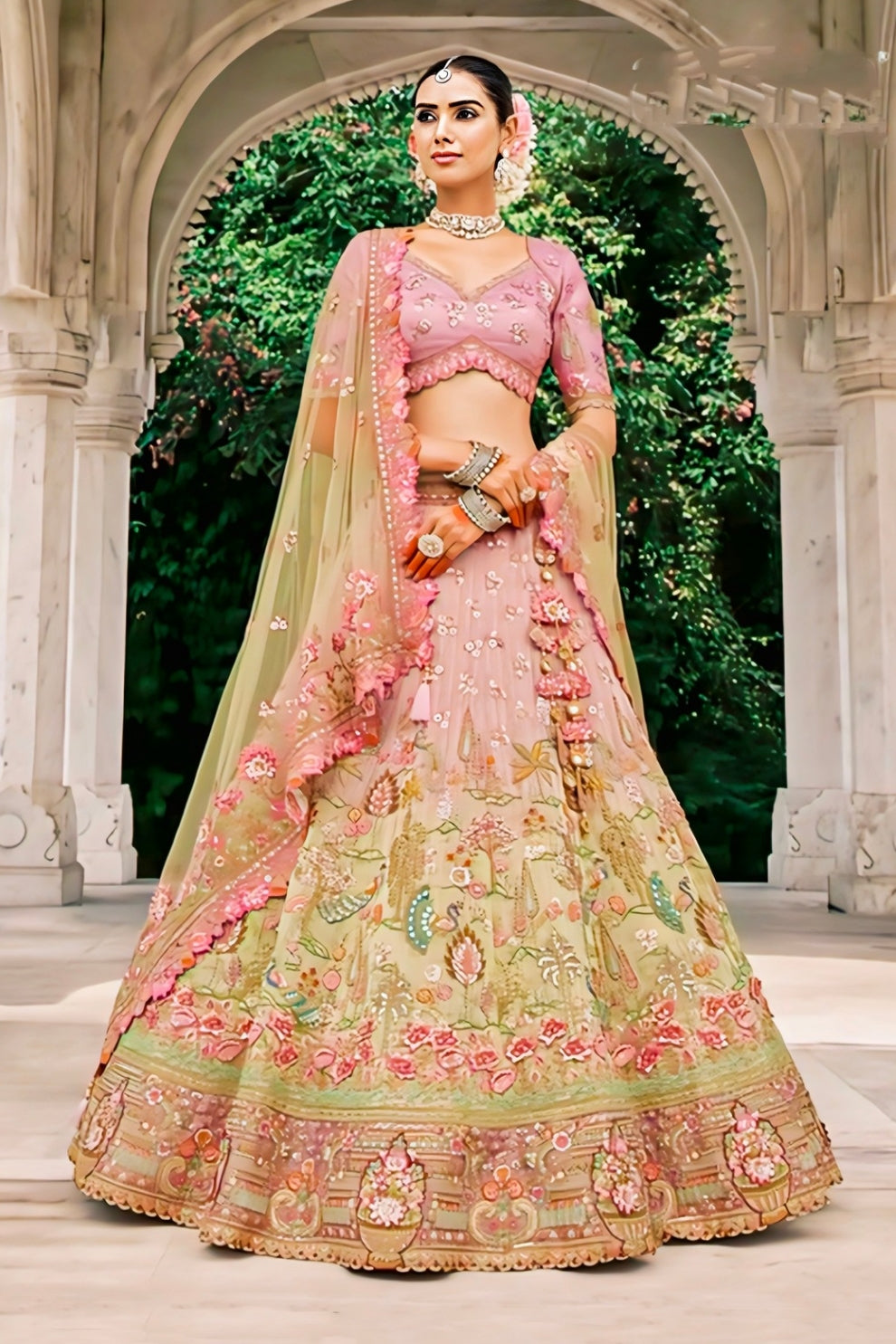 Light Pink and Pista Green Embroidered Silk Bridal Lehenga Choli