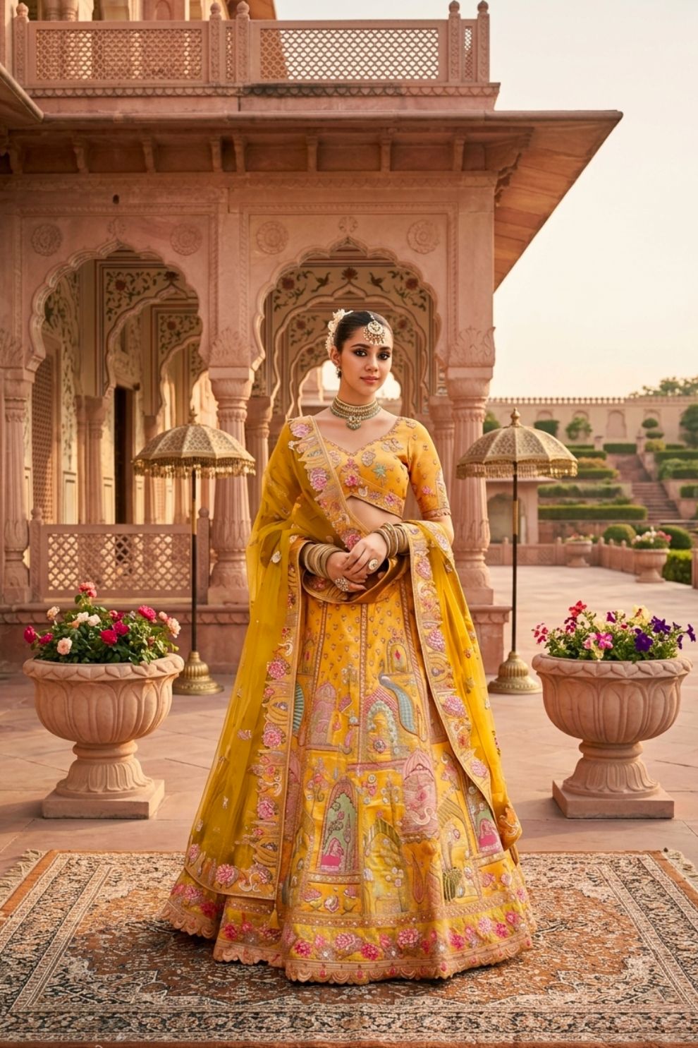 Vibrant Mustard Yellow Embroidered Silk Bridal Lehenga Choli with Traditional Motifs