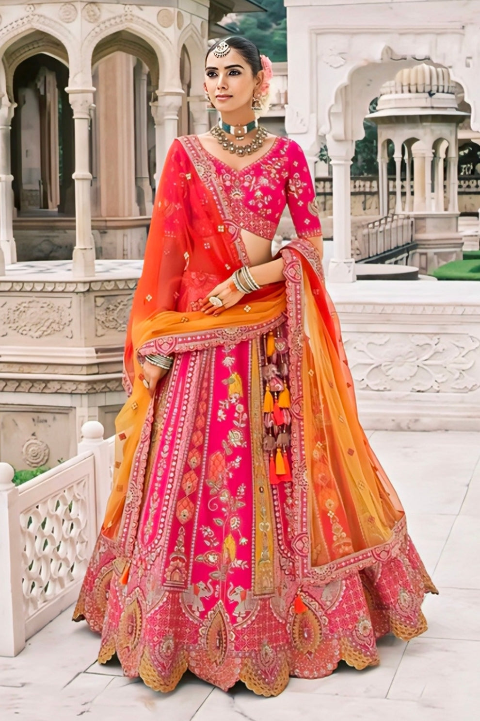 Rani Pink and Orange Silk Embroidered Bridal Lehenga Choli