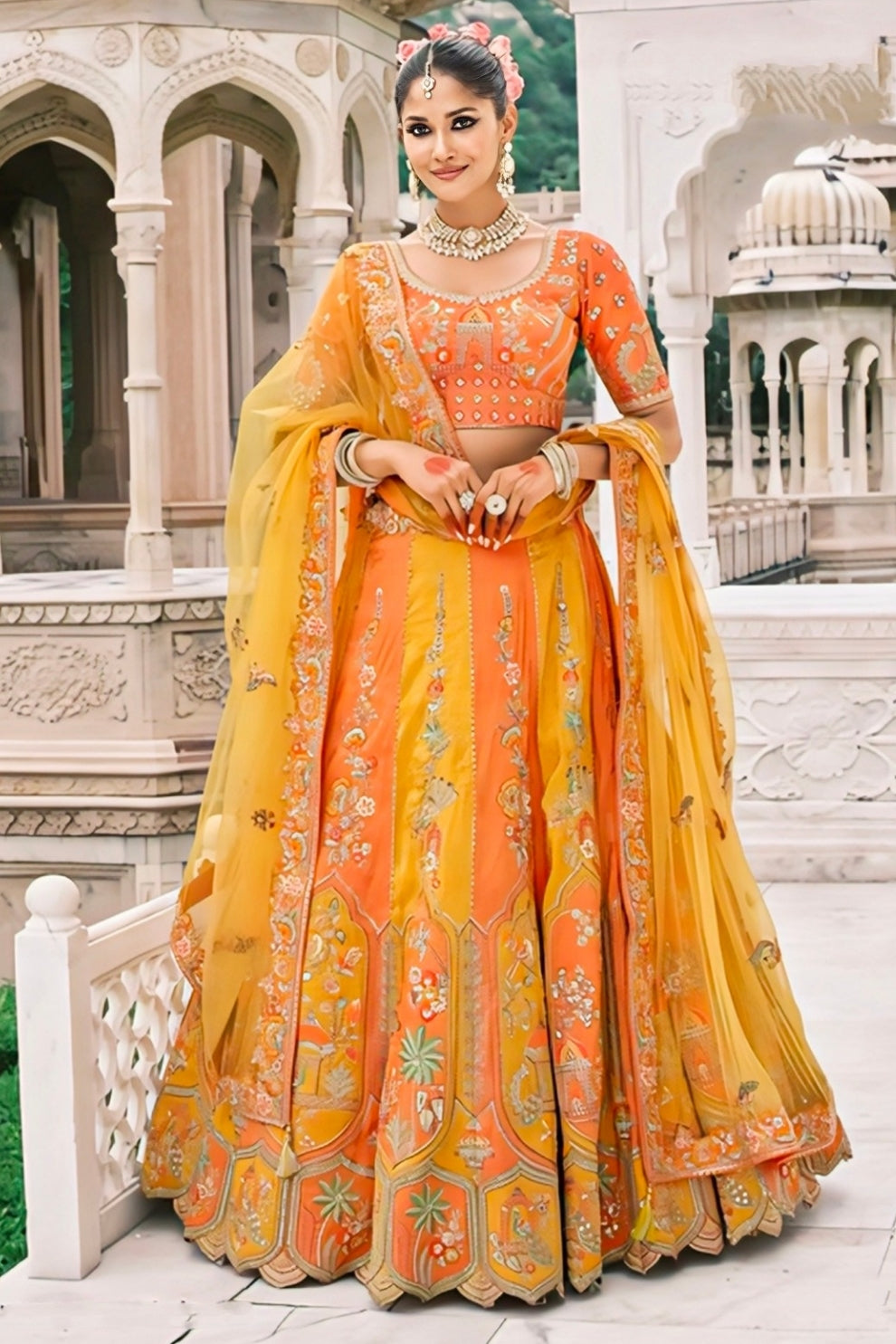 Orange & Mustard Yellow Zari Tissue Embroidered Lehenga Set