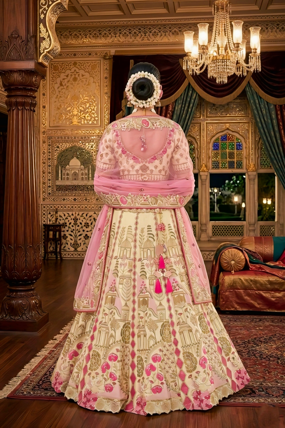 Beige and Pink Embroidered Silk Bridal Lehenga Choli with Net Dupatta