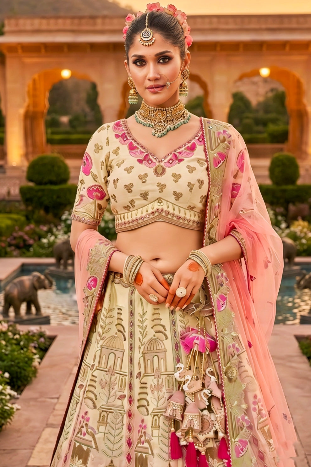 Charming Beige and Pink Embroidered Silk Lehenga Choli with Net Dupatta