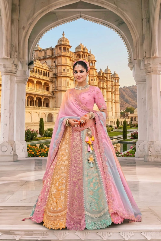 Pastel Multicolor Organza Embroidered Lehenga Set with Ombre Net Dupatta