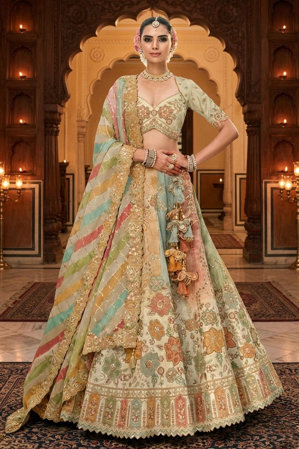 Multicolor Silk Blend Embroidered Bridal Lehenga with Thread Embroidery and Sequins Work