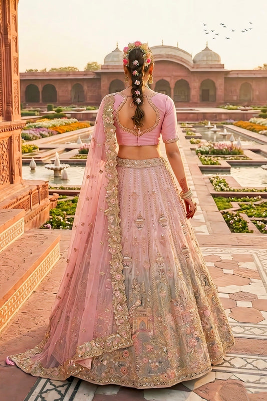 Dusty Pink and Grey Ombre Silk Bridal Lehenga with Thread and Moti Work