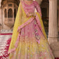 Mustard Yellow and Peach Embroidered Silk Bridal Lehenga Choli