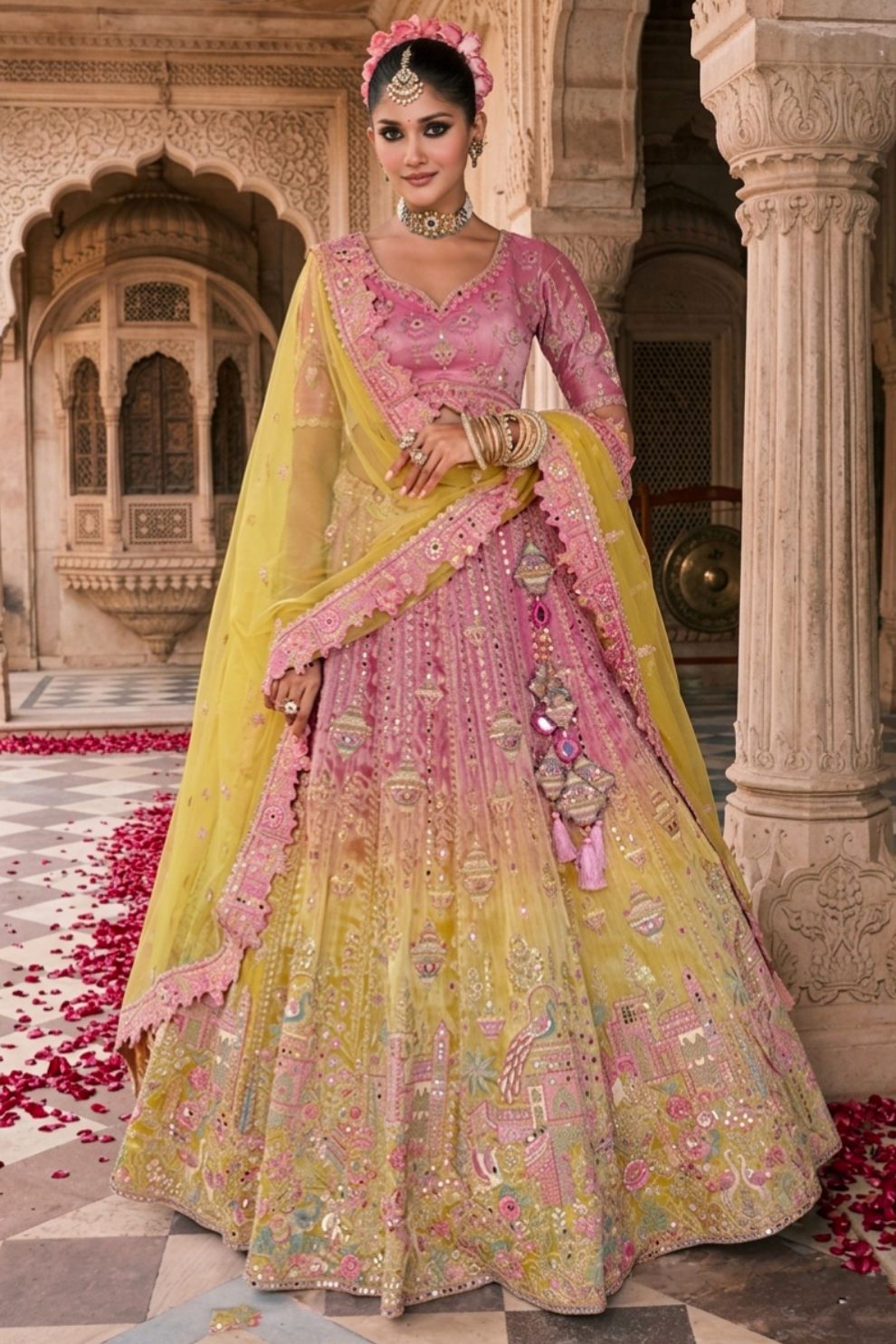 Mustard Yellow and Peach Embroidered Silk Bridal Lehenga Choli