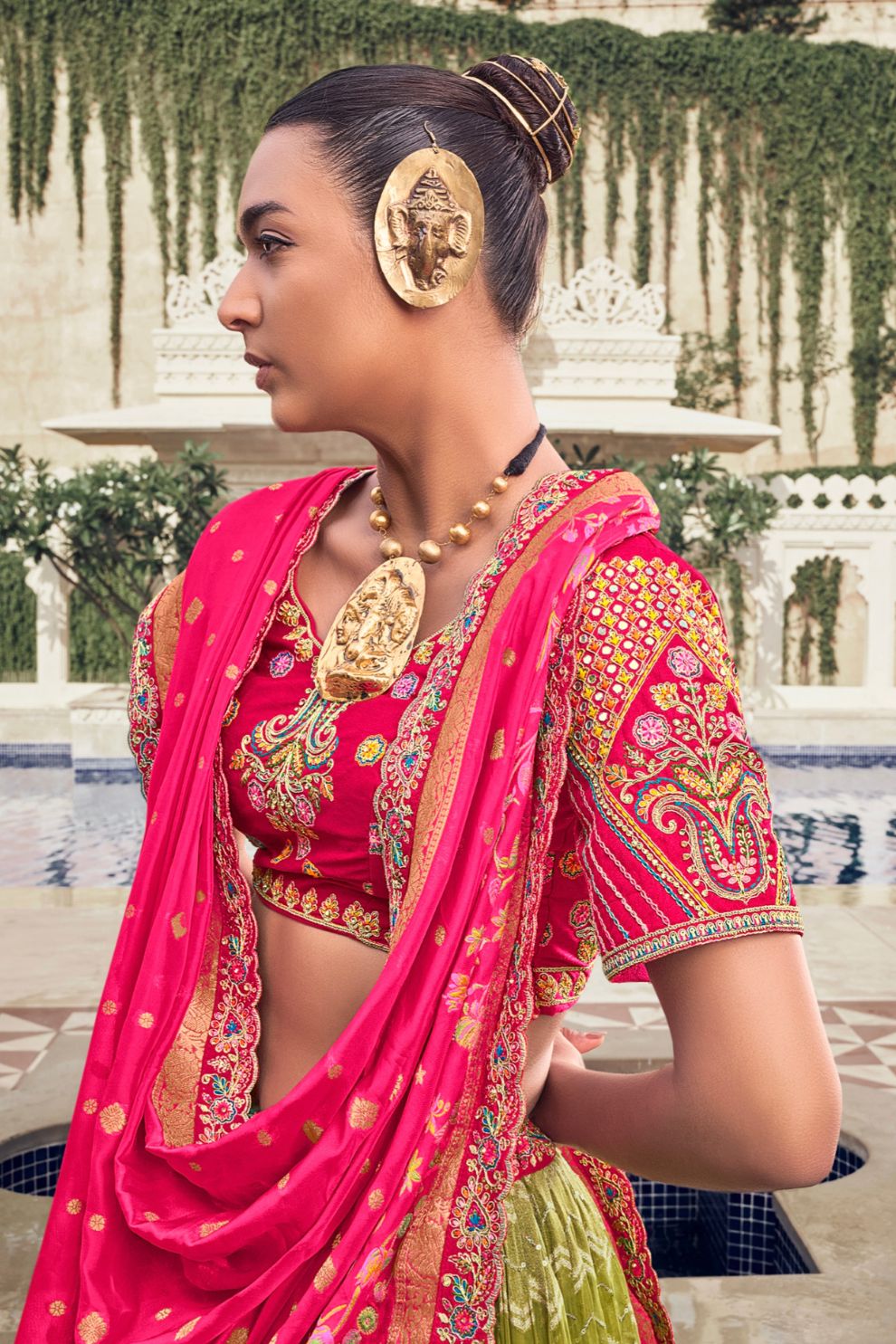 Olive Green Rani Pink Kalamkari Banarasi Lehenga Choli