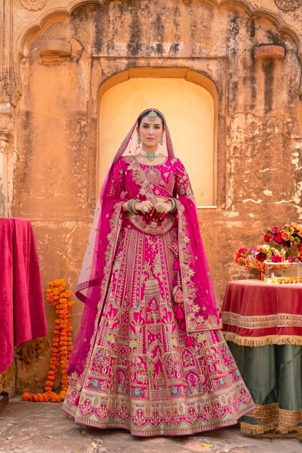 Traditional Rani Pink Silk Embroidered Bridal Lehenga with Sequin and Bead Details