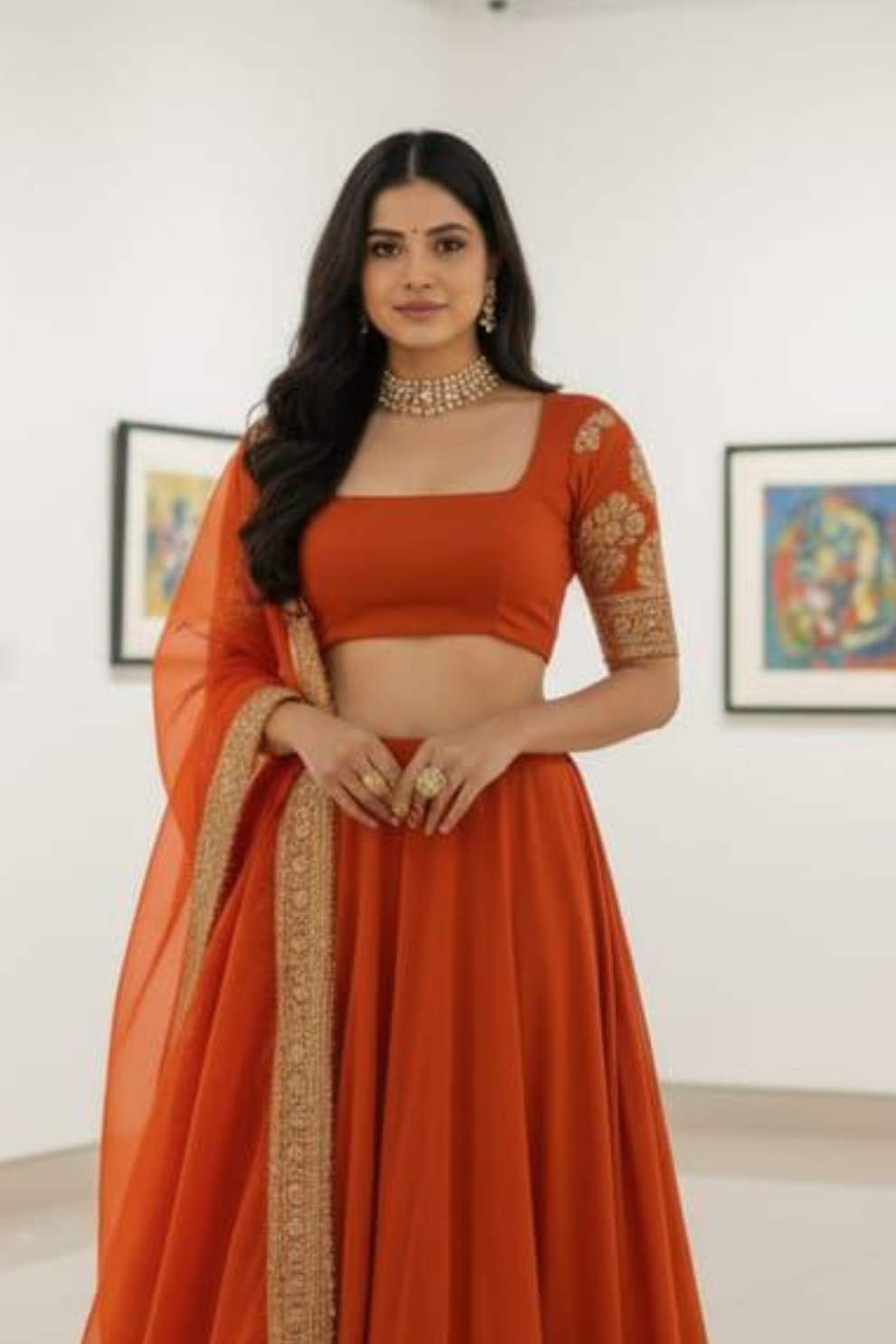 Majestic Orange Zari Embroidered Lehenga Set with Glimmering Sequin Border