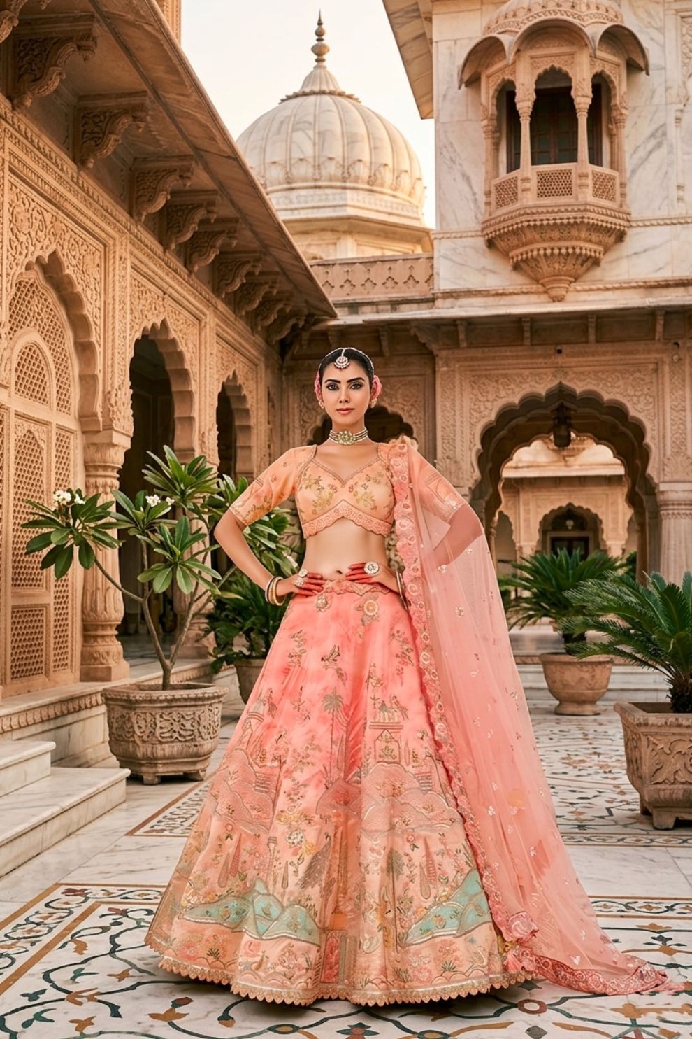 Peach Silk Heavy Mirror & Sequins Embroidered Bridal Lehenga Choli