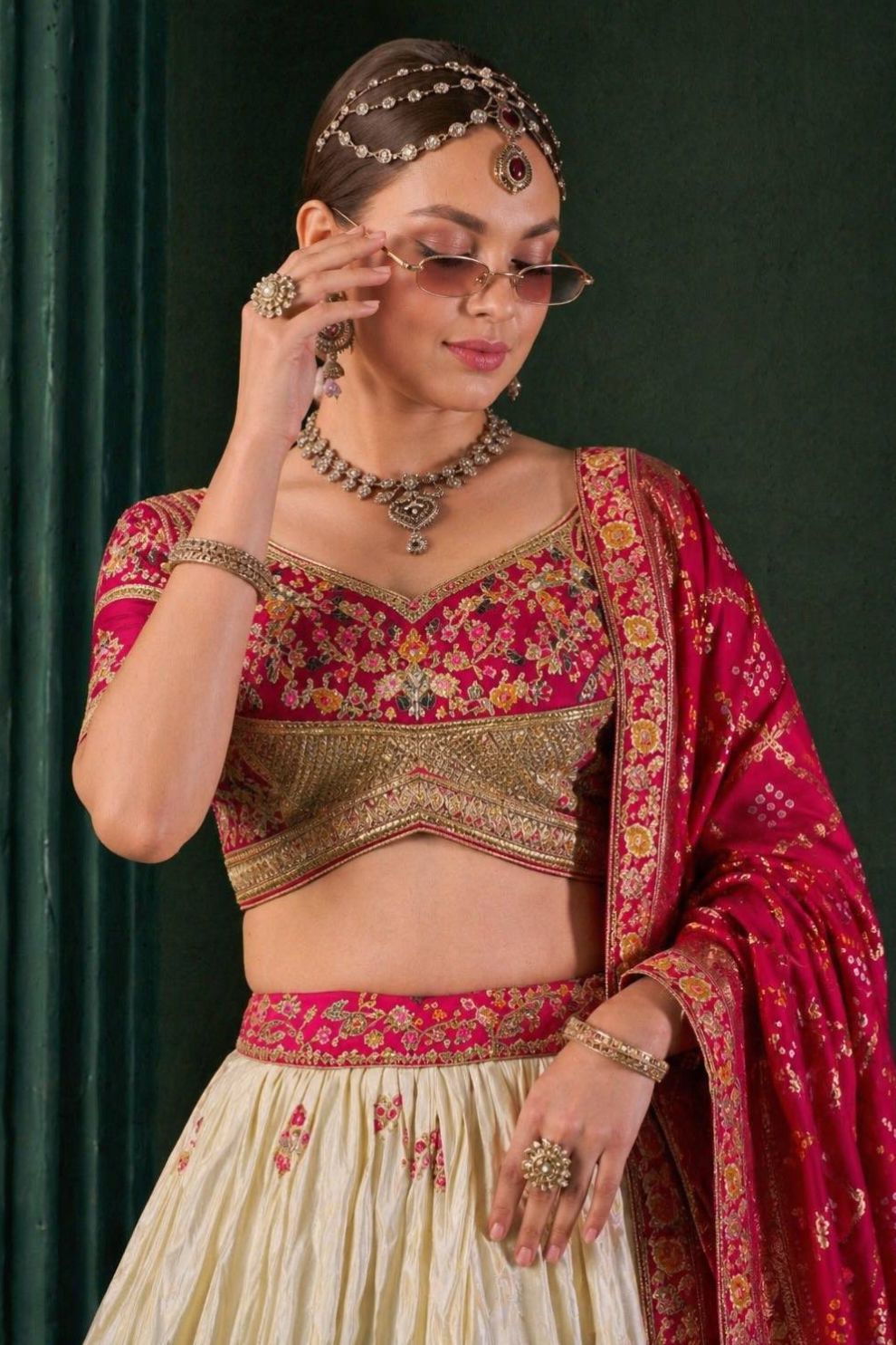 Cream Rani Pink Kalamkari Banarasi Lehenga Choli
