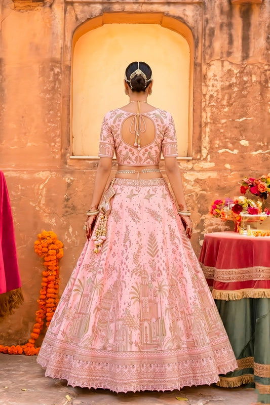 Baby Pink Silk Lehenga Choli with Intricate Palace and Palm Tree Heritage Embroidery