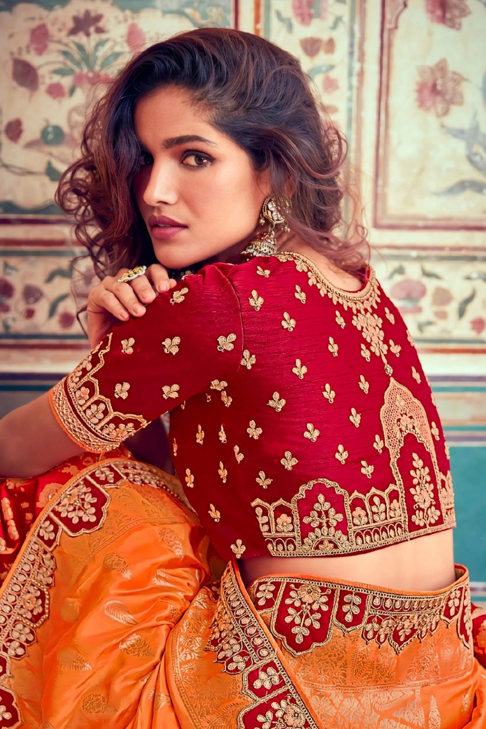 Tangerine Orange Banarasi Silk Lehenga Choli with Zari and Khatli Embroidery