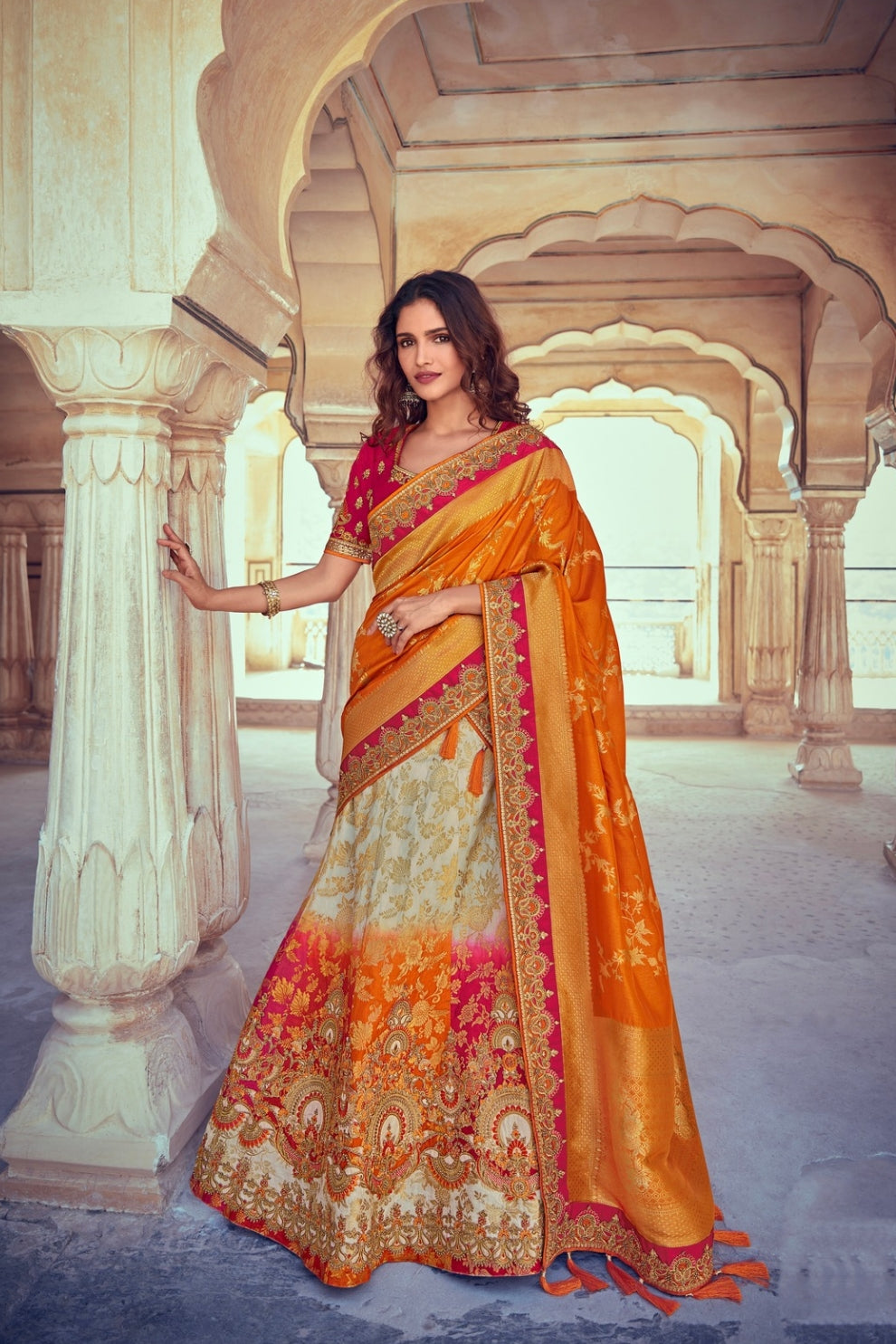 Daisy White & Orange Banarasi Silk Lehenga Choli with Khatli Work Embroidery