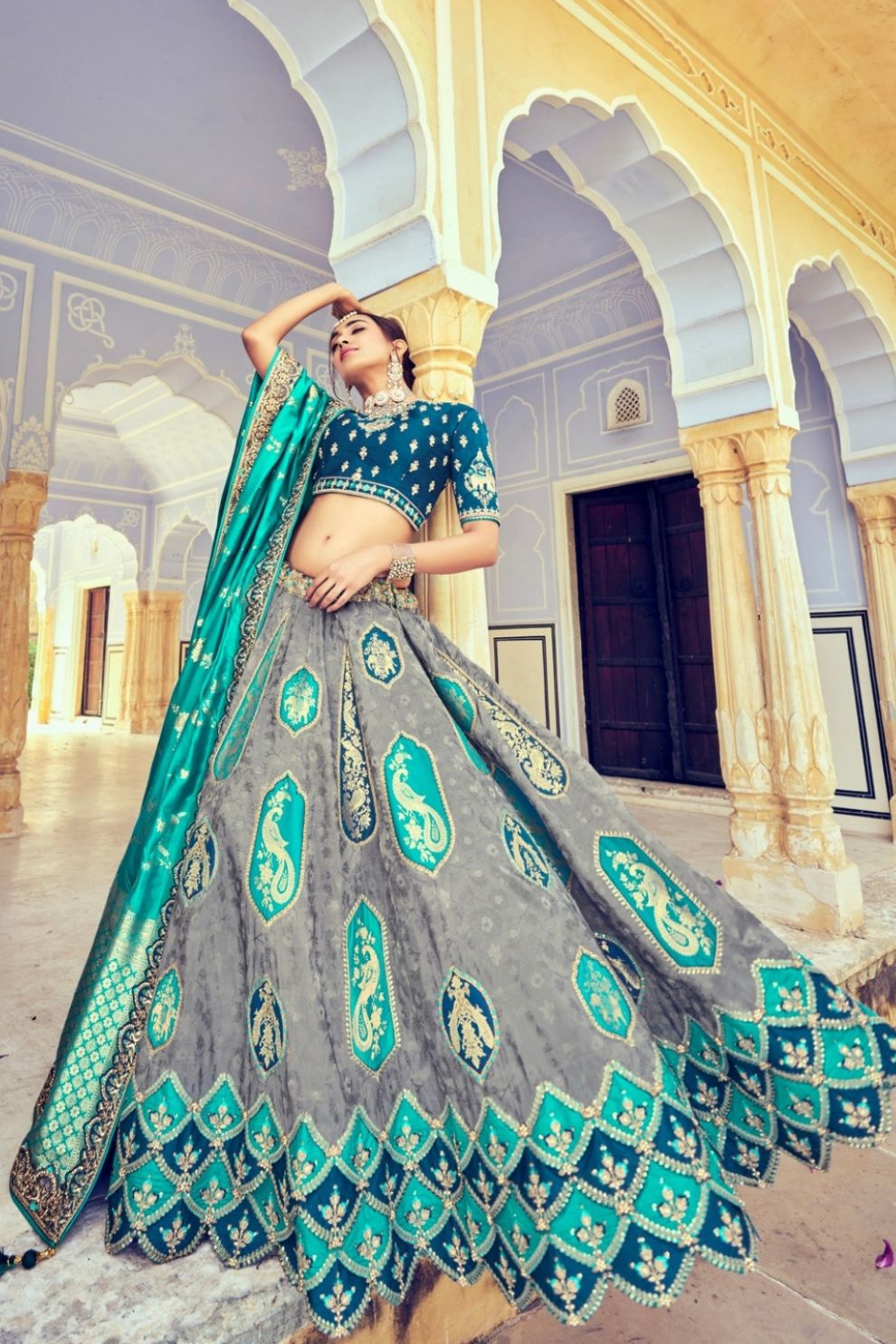 Royal Grey & Teal Silk Wedding Lehenga Choli with Zari & Stone Work