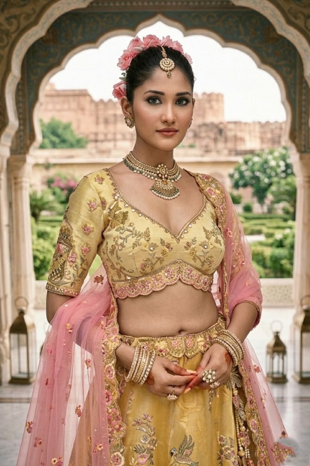 Mustard Yellow and Soft Pink Embroidered Silk Bridal Lehenga Choli