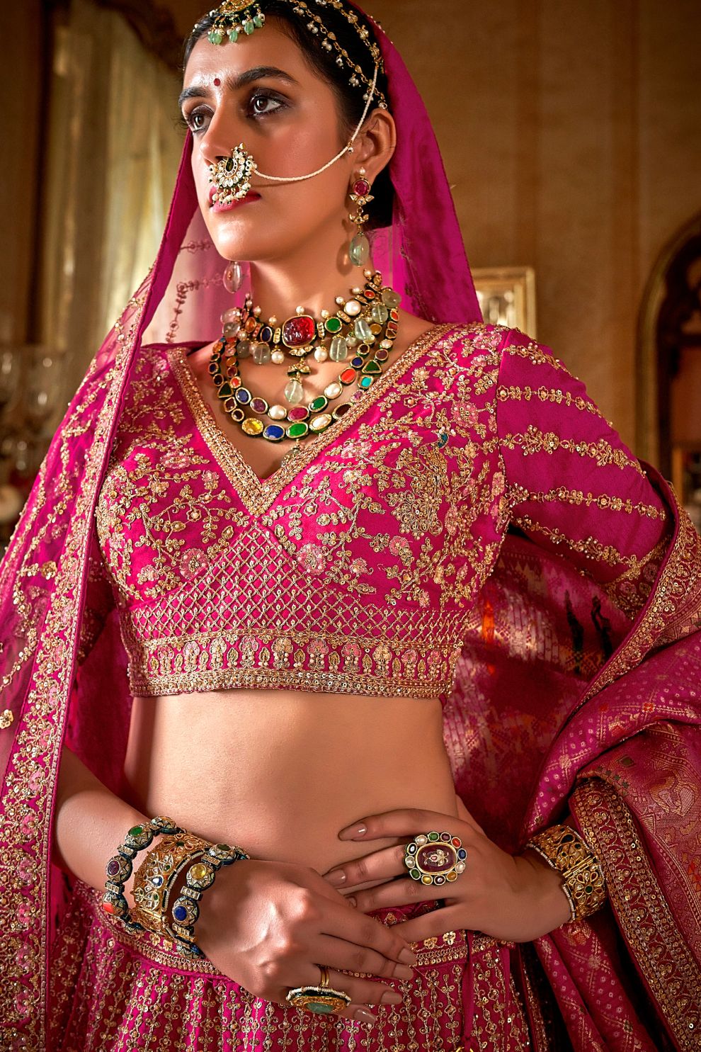 Magenta Silk Bridal Lehenga Vertical Zari Embroidery V Neck Blouse