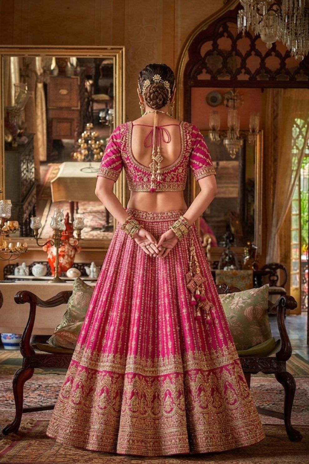 Magenta Silk Bridal Lehenga Vertical Zari Embroidery V Neck Blouse