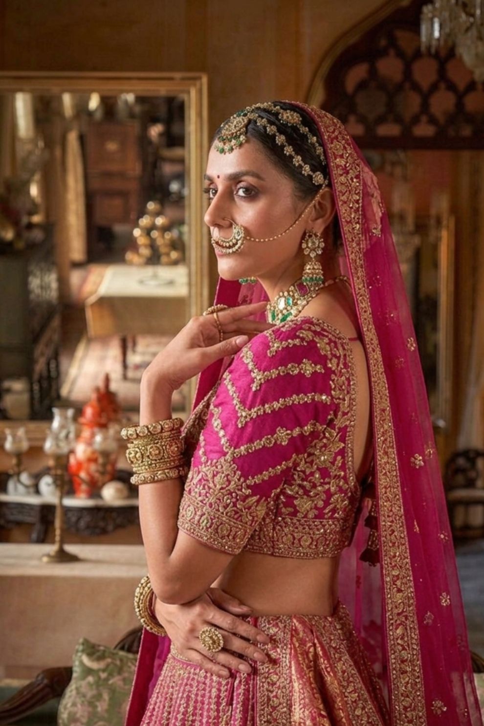 Magenta Silk Bridal Lehenga Vertical Zari Embroidery V Neck Blouse