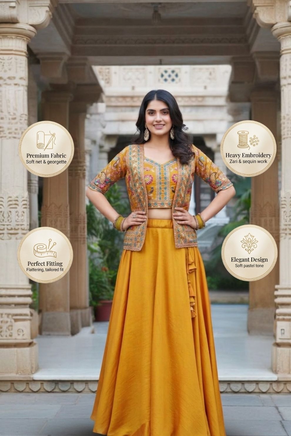 Mustard Yellow Art Silk Skirt Set With Embroidered Jacket