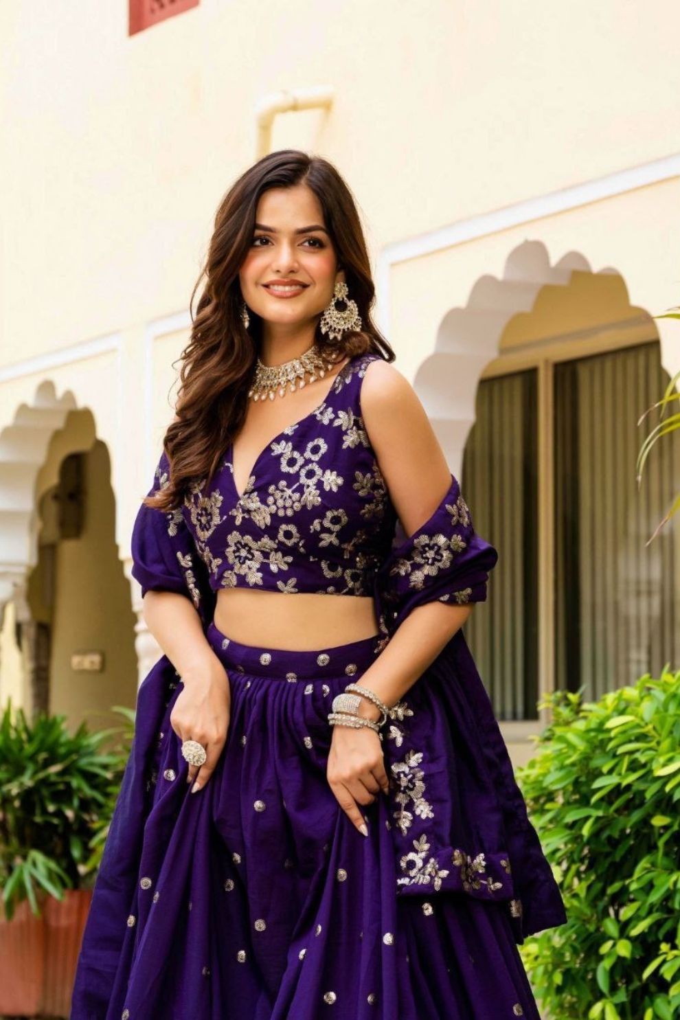 Semi-Stitched Purple Georgette Wedding Lehenga with Gold Zari Border