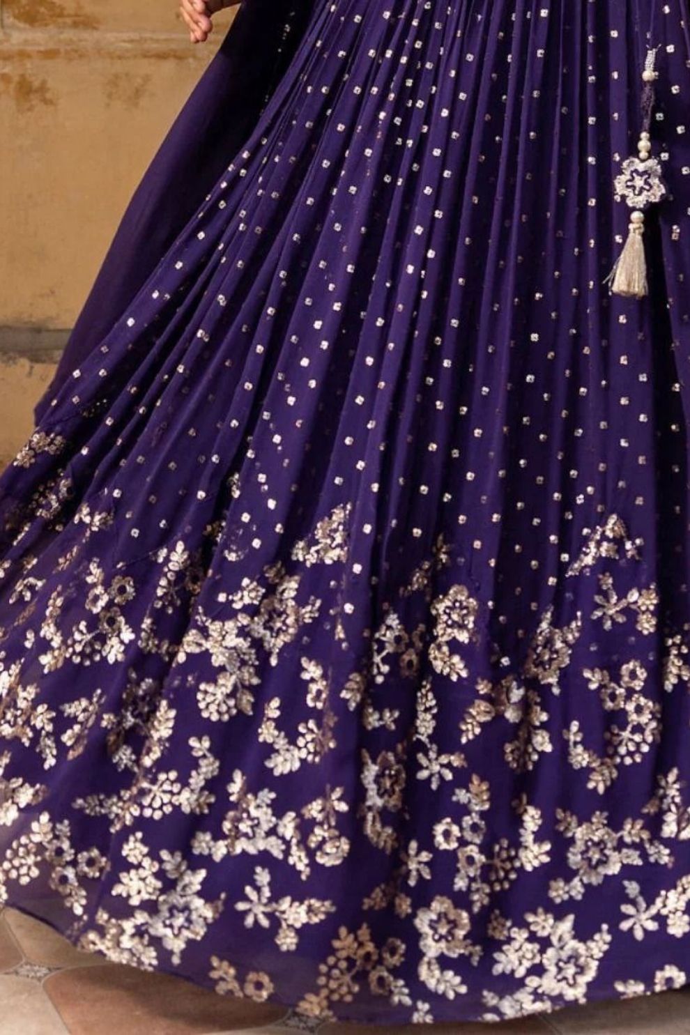 Semi-Stitched Purple Georgette Wedding Lehenga with Gold Zari Border