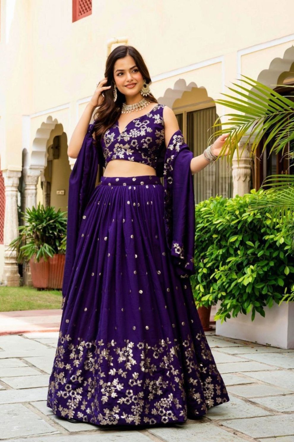 Semi-Stitched Purple Georgette Wedding Lehenga with Gold Zari Border