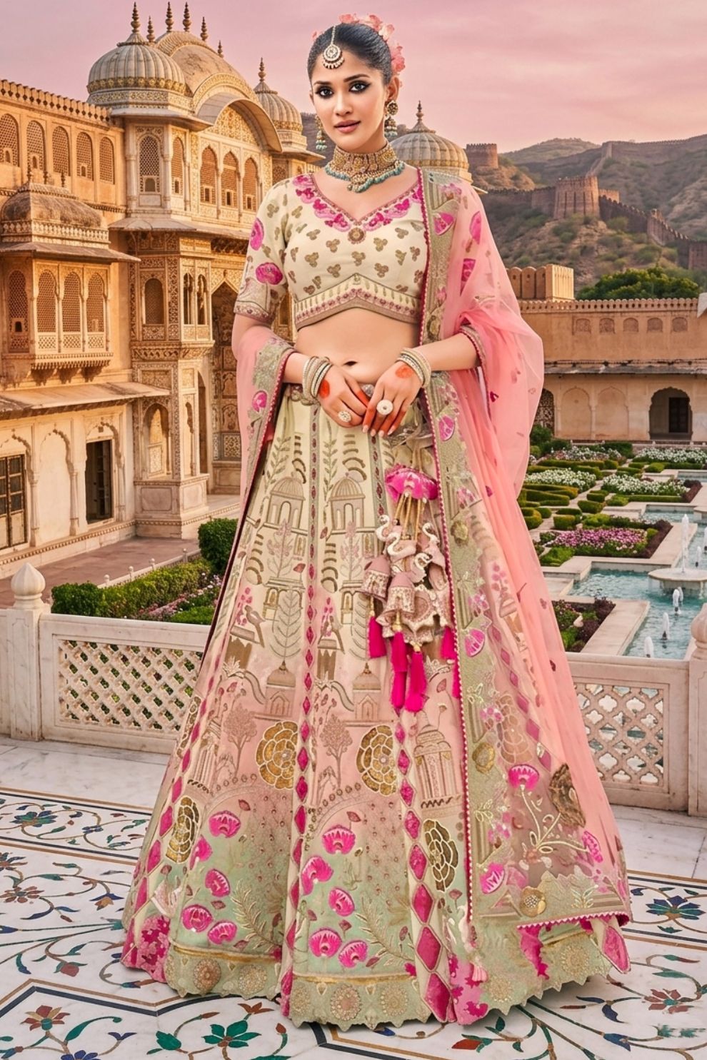Charming Beige and Pink Embroidered Silk Lehenga Choli with Net Dupatta
