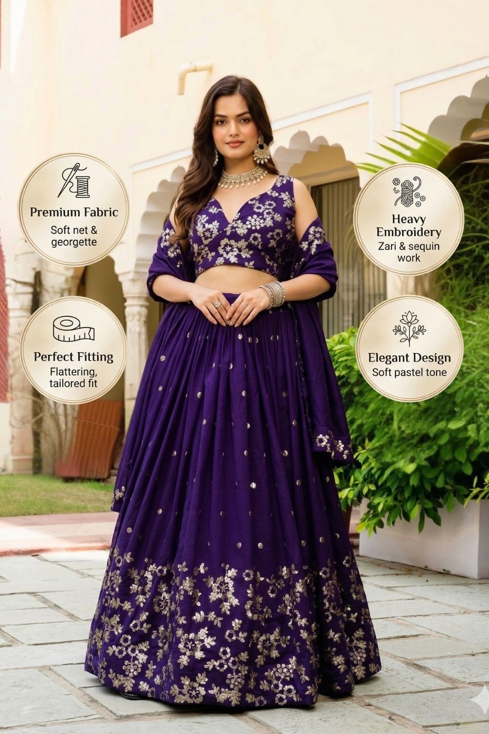 Semi-Stitched Purple Georgette Wedding Lehenga with Gold Zari Border