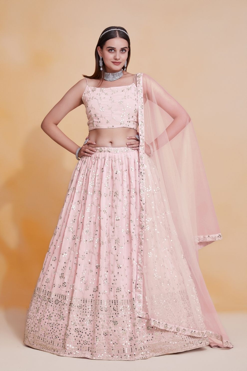 Georgette Zari & Sequin Embroidered Semi-Stitched Lehenga Choli