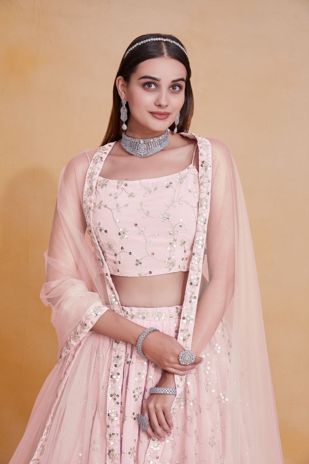 Georgette Zari & Sequin Embroidered Semi-Stitched Lehenga Choli