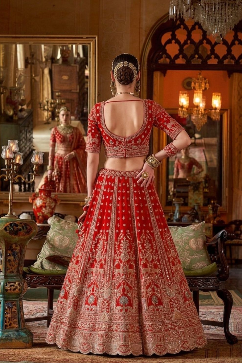 Heritage Scarlet Red Silk Bridal Lehenga with Scalloped Border & Kamarband