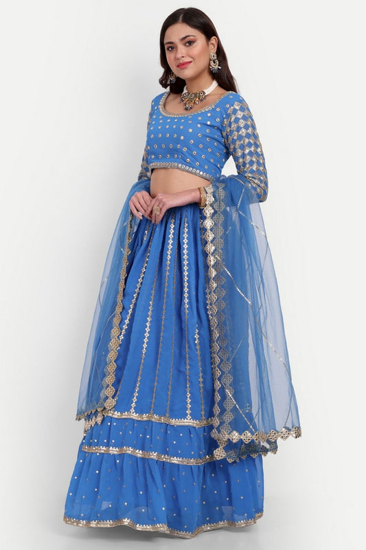 Blue Georgette Semi-Stitched Lehenga Choli with Ruffle Border and Sequin Embroidery