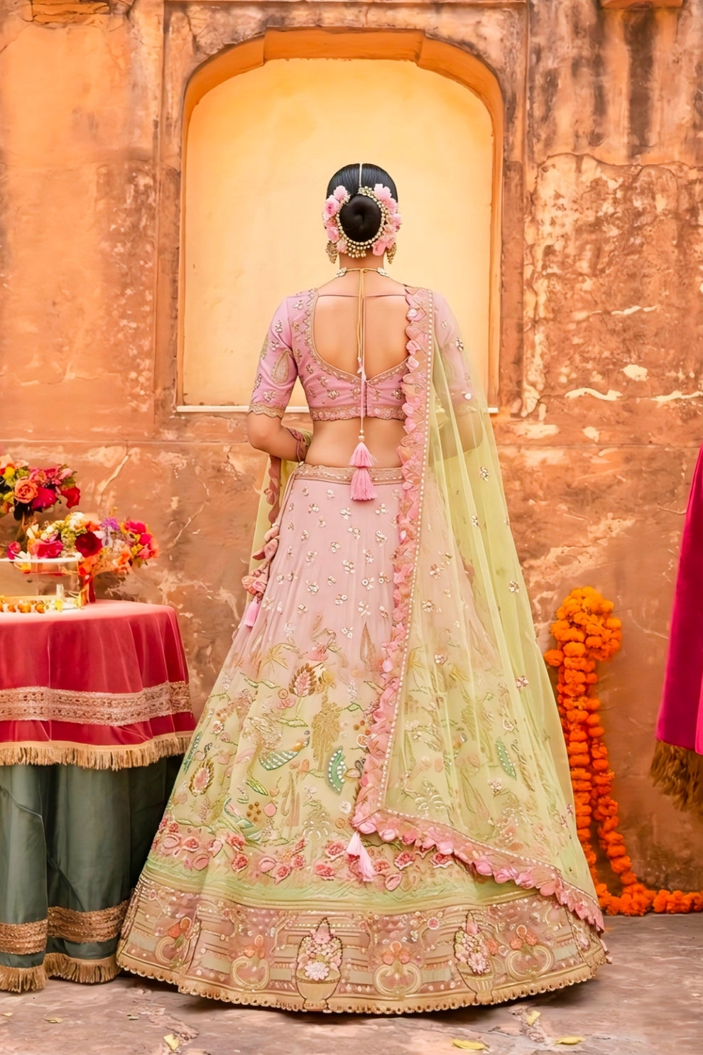 Light Pink and Pista Green Embroidered Silk Bridal Lehenga Choli