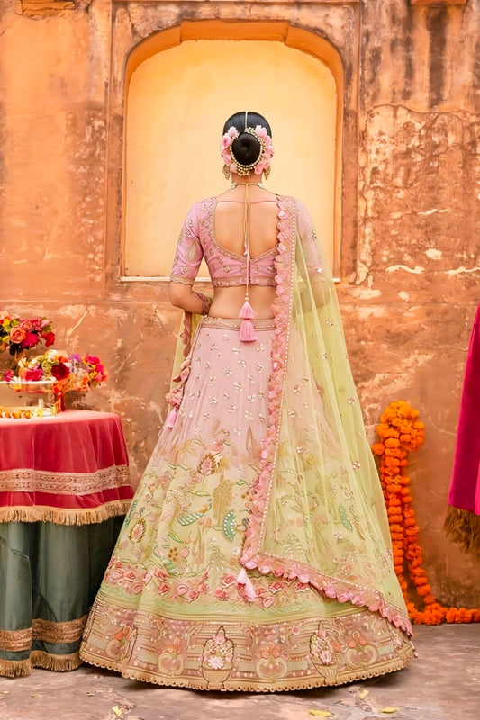 Light Pink and Pista Green Embroidered Silk Bridal Lehenga Choli