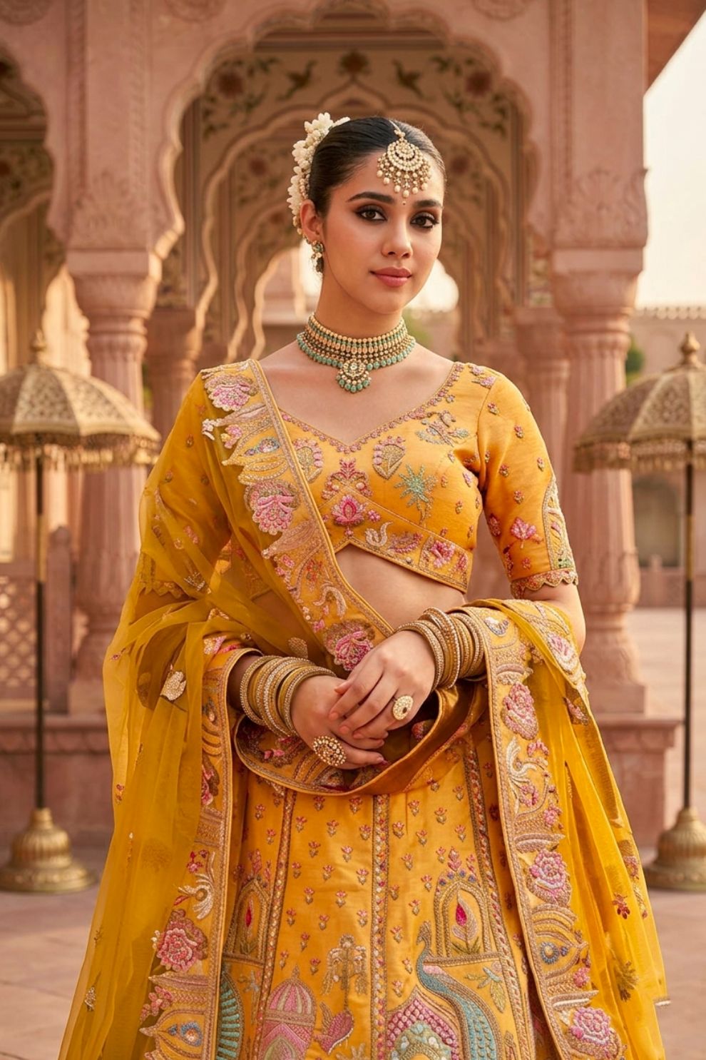 Vibrant Mustard Yellow Embroidered Silk Bridal Lehenga Choli with Traditional Motifs