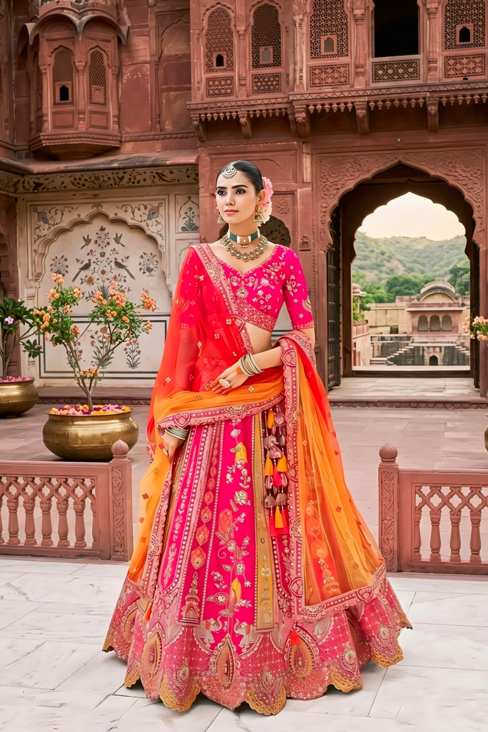 Rani Pink and Orange Silk Embroidered Bridal Lehenga Choli
