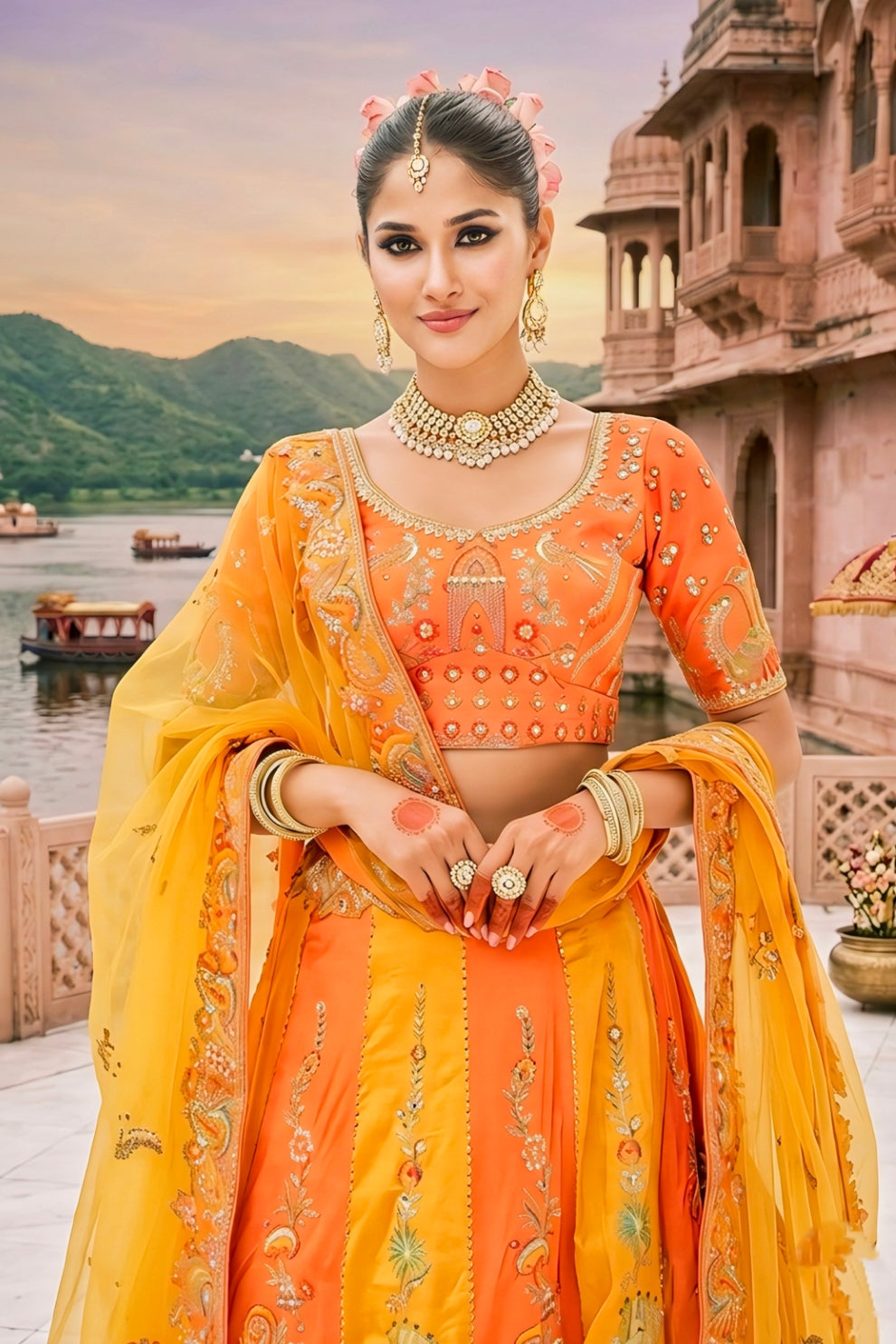 Orange & Mustard Yellow Zari Tissue Embroidered Lehenga Set