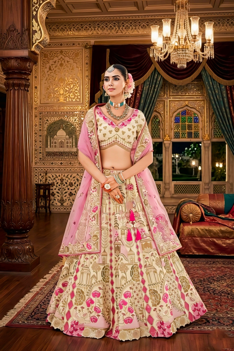 Beige and Pink Embroidered Silk Bridal Lehenga Choli with Net Dupatta