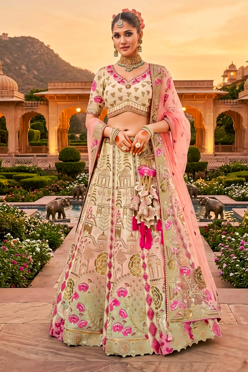 Charming Beige and Pink Embroidered Silk Lehenga Choli with Net Dupatta